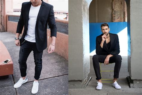 men's black pants with white shoes.